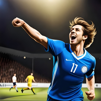 A footballer in a blue shirt happy to have won his match