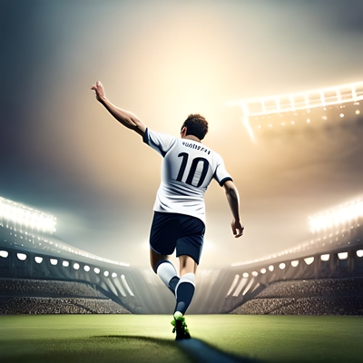 A footballer with a raised fist on a pitch