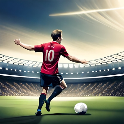 A footballer raises his arms to the sky as he runs