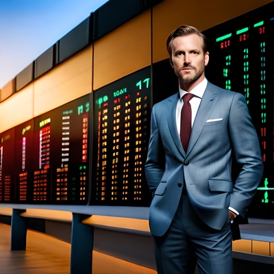 A sports betting broker is watching us, behind him are screens full of sports odds.